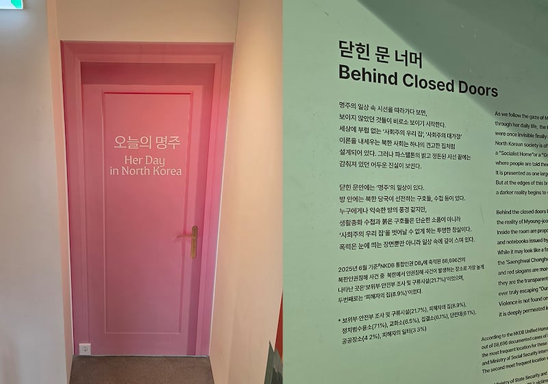 NKDB 전시 '오늘의 명주'는 '열리지 않는 문'을 소재로 억압 받는 북한 내 개인이 처한 현실을 나타냈다.