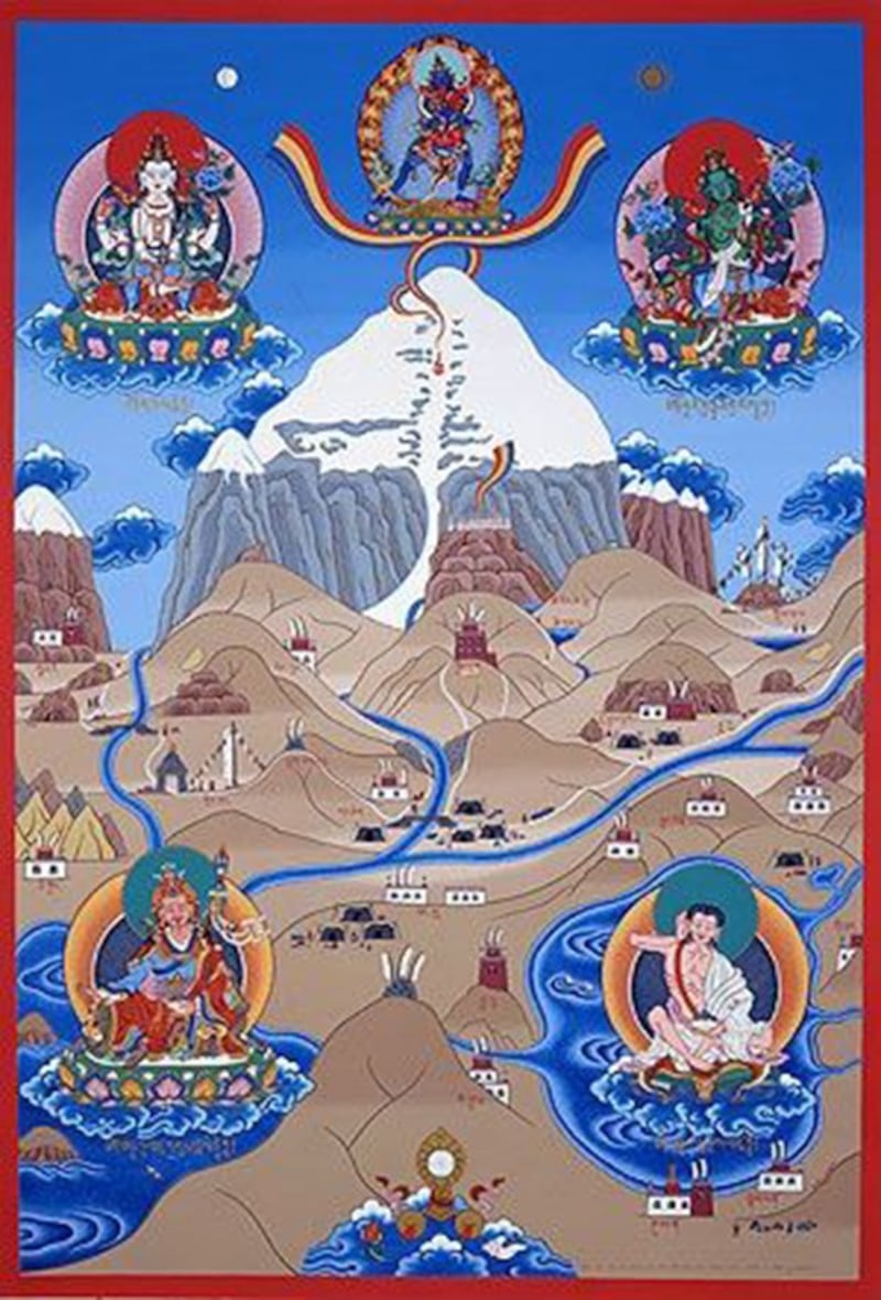 圣山冈仁波齐也是藏传佛教的圣地，被认为是胜乐金刚的道场，呈现于这幅唐卡绘画。（Public Domain）