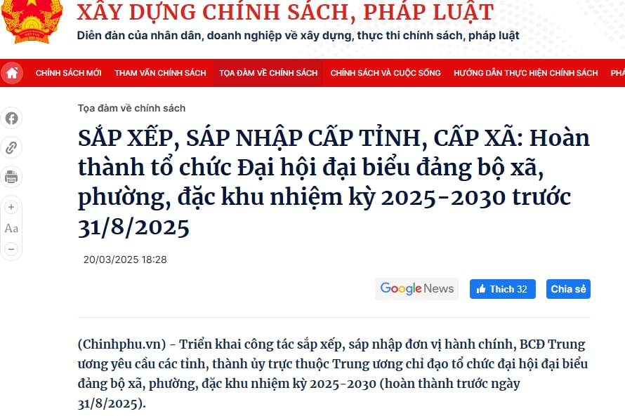 Tiêu đề bài báo trên Báo Chính phủ có kèm đơn vị hành chính đặc khu.