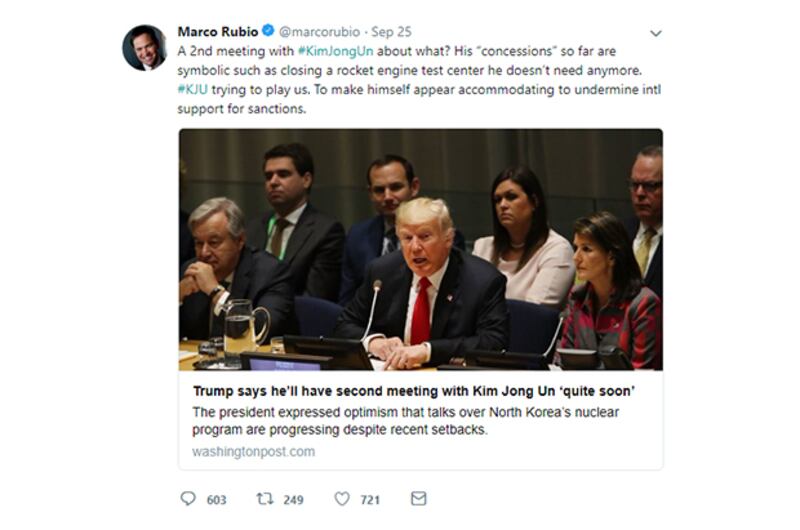 마르코 루비오 상원의원의 트윗 화면 캡쳐.