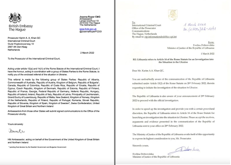 英國、德國、法國等39個締約國和立陶宛向國際刑事法院提出調查俄羅斯野蠻入侵烏克蘭事件中的戰爭罪、反人類罪行。(海牙國際刑事法院官網圖片)