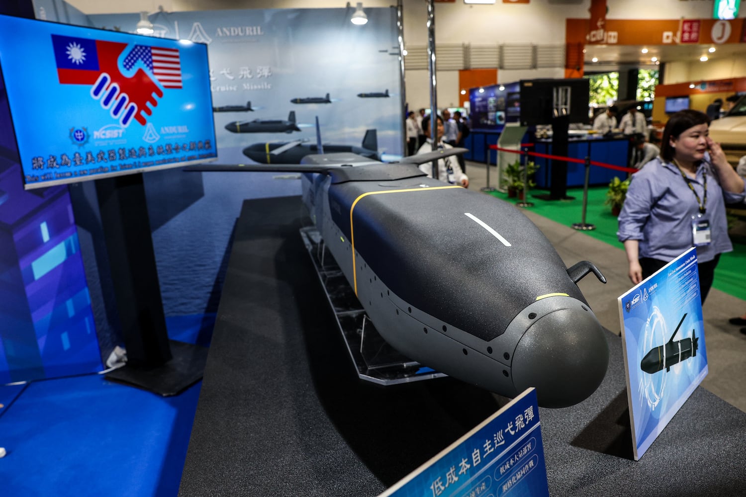 The Barracuda-500, a low-cost autonomous cruise missile jointly developed by NCSIST and U.S. company Anduril, is displayed during the Taipei Aerospace & Defense Technology Exhibition in Taipei, Sept. 17, 2025.