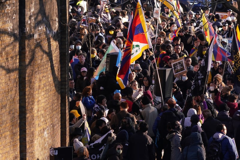 Protesters gather near the proposed site of the Chinese “mega-embassy” in London, March 15, 2025.