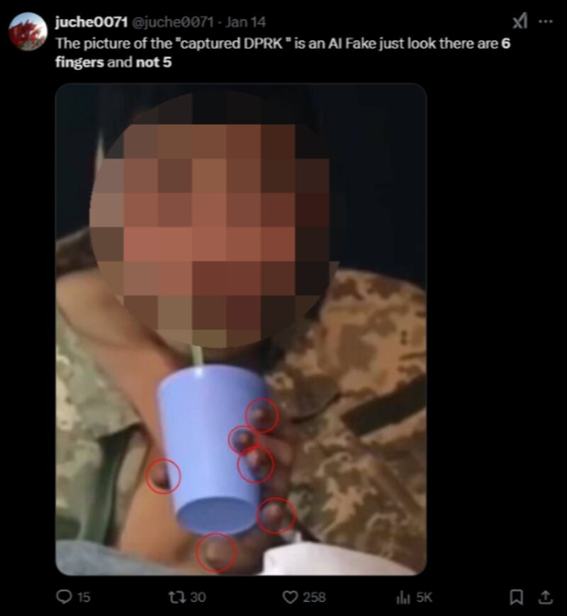 有X用户质疑朝鲜被俘士兵的视频是被变造的，并圈出可疑之处。但专家分析，这些疑点并不成立。
