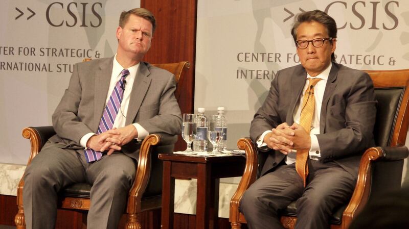 华府智库「战略暨国际研究中心」28日上午举行的研讨会,探讨美日韩三方国防事务合作的重要性。(记者郑崇生摄)