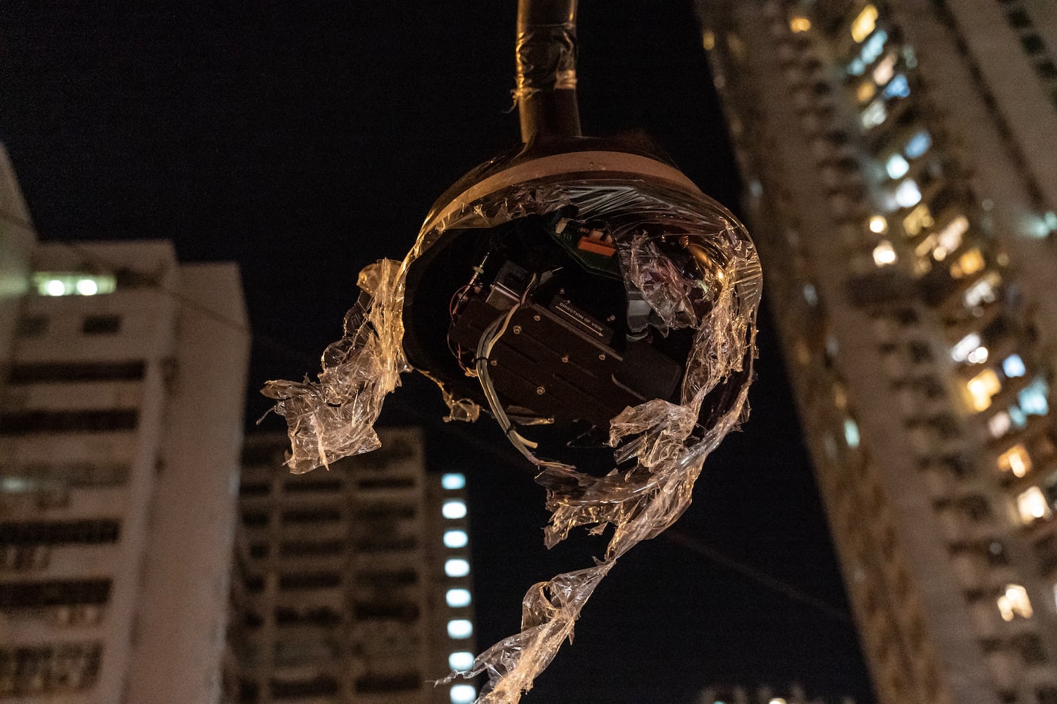 A damaged surveillance camera is seen at Tai Koo MTR station on October 3, 2019 in Hong Kong.
