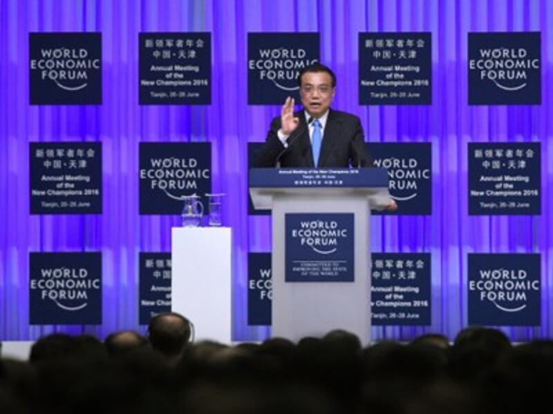 Chinese Premier Li Keqiang calls for international cooperation to reduce market panic and maintain stability amid Britain's decision to leave the European Union at the World Economic Forum in Tianjin, June 27, 2016. 