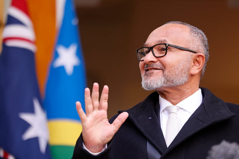 Solomon Islands Prime Minister Matthew Wale speaks during a press conference in Canberra, Australia, June 3, 2026.