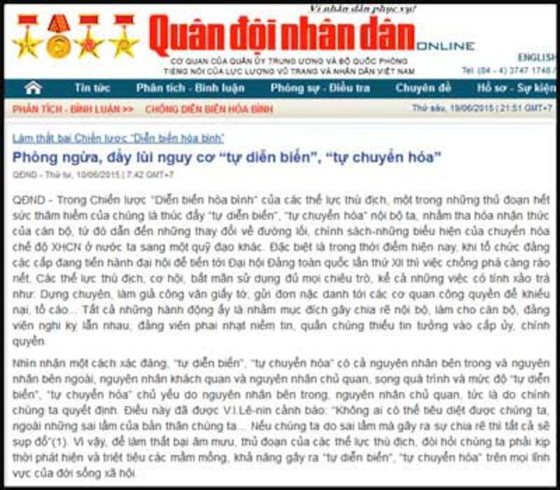 Bài bình luận trên báo Quân Đội Nhân Dân kêu gọi kịp thời phát hiện và triệt tiêu các mầm mống khả năng gây ra tự diễn biến - tự chuyển hóa trên mọi lĩnh vực của đời sống xã hội. Screen capture.