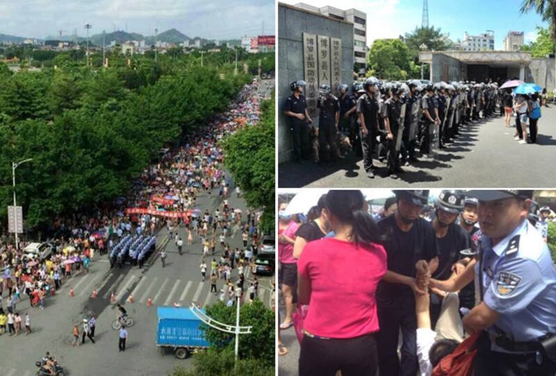 2014年9月13日，約2萬名惠州博羅縣的市民遊行至縣政府，大批警察在縣政府外戒備，期間抓走示威的民眾。(現場市民攝)