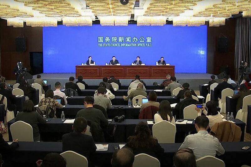 Officials from the State Council Information Office release the white paper titled ‘Human Rights in Tibet in the New Era’ in Lhasa, March 28, 2025.