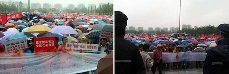 2013年5月8日，數千名浙江省長興縣民眾到政府門前抗議，不滿政府有意撤縣併區，大批警員在場駐守維穩，未有上前阻止。（參與居民攝）