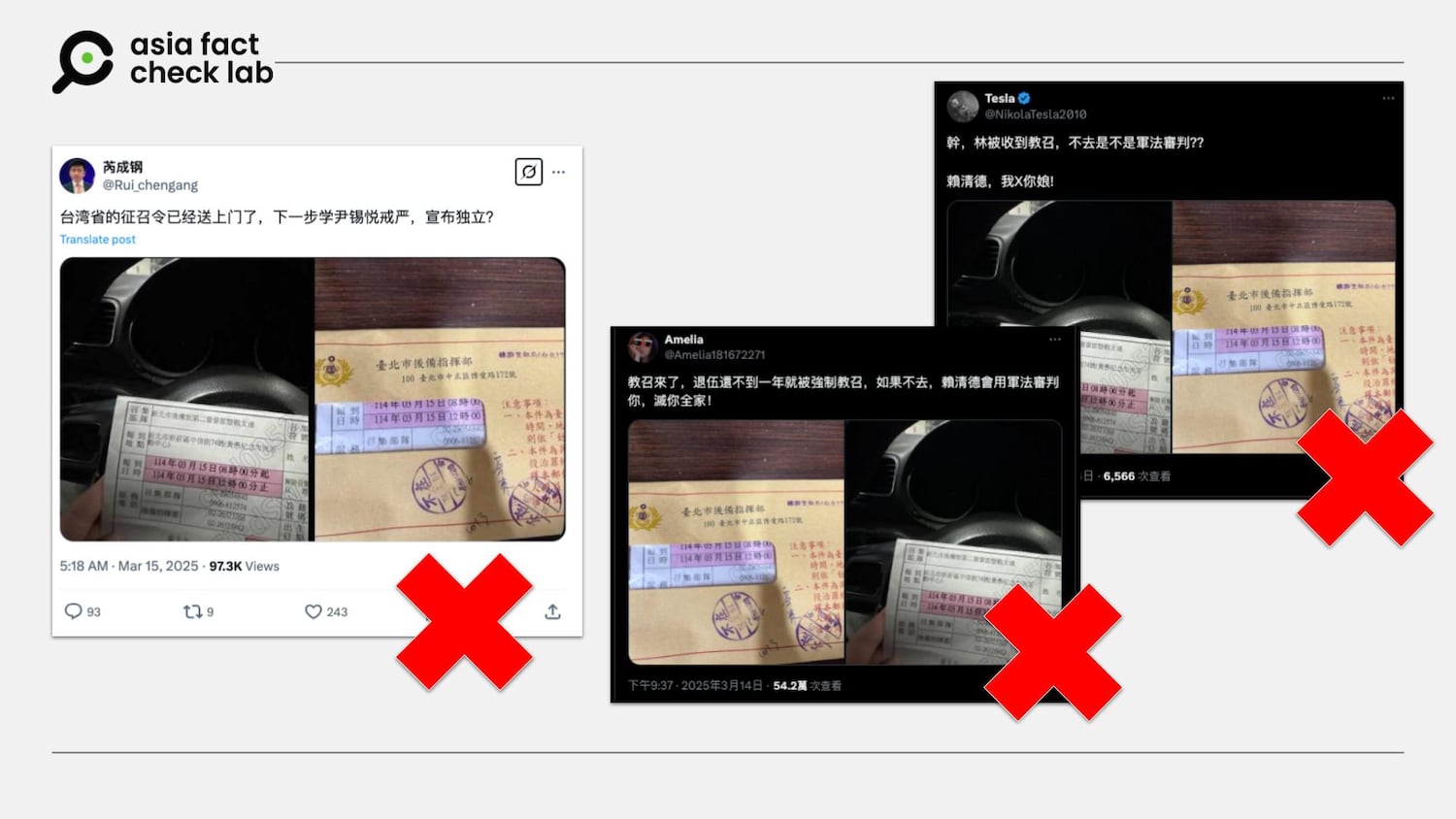 Several posts on Chinese social media spread misinformation about Taiwan calling up reserve military forces.