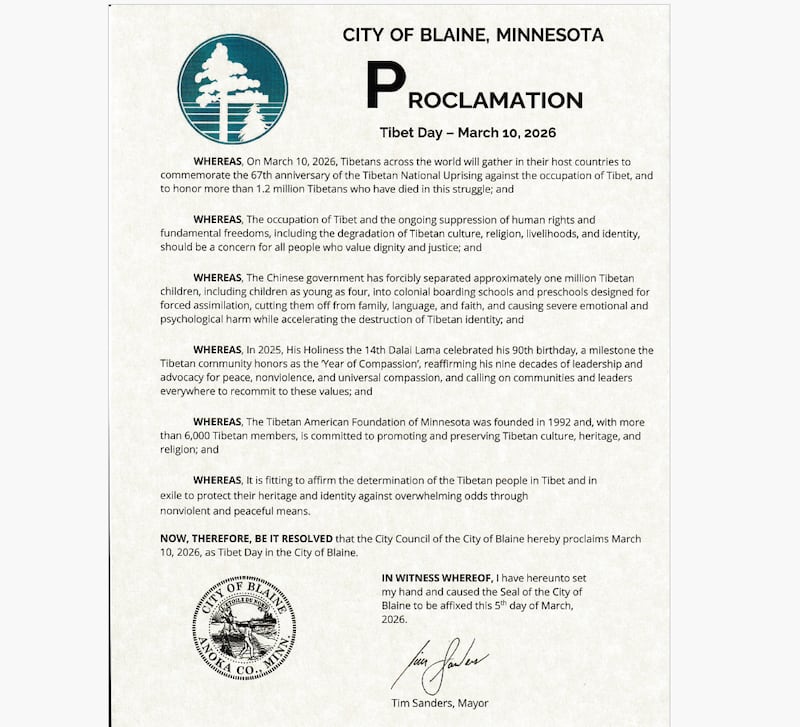 མི་ནི་སོ་ཊའི་མངའ་ཁོངས་སྦིལེན་ཐེ་བའི་གྲོང་ཁྱེར་ ༦ གིས་བོད་དོན་རྒྱབ་སྐྱོར་གྱི་བསྒྲཊ་གཏམ་སྤེལ།