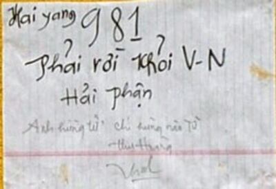Ông Hoàng Thu khi tự thiêu để lại mảnh giấy có nội dung “ Hai Yang 981 phải rời khỏi V-N hải phận. Anh hùng tử khí hùng nào tử”. Courtesy Bradenton.com