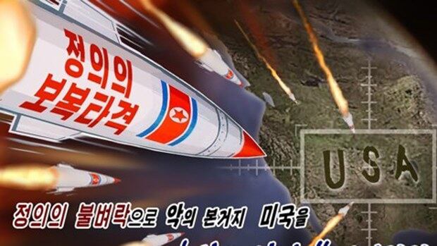 북한 선전매체인 우리민족끼리가 공개한 미국 본토를 향해 미사일을 발사하는 장면을 형상화한 포스터.