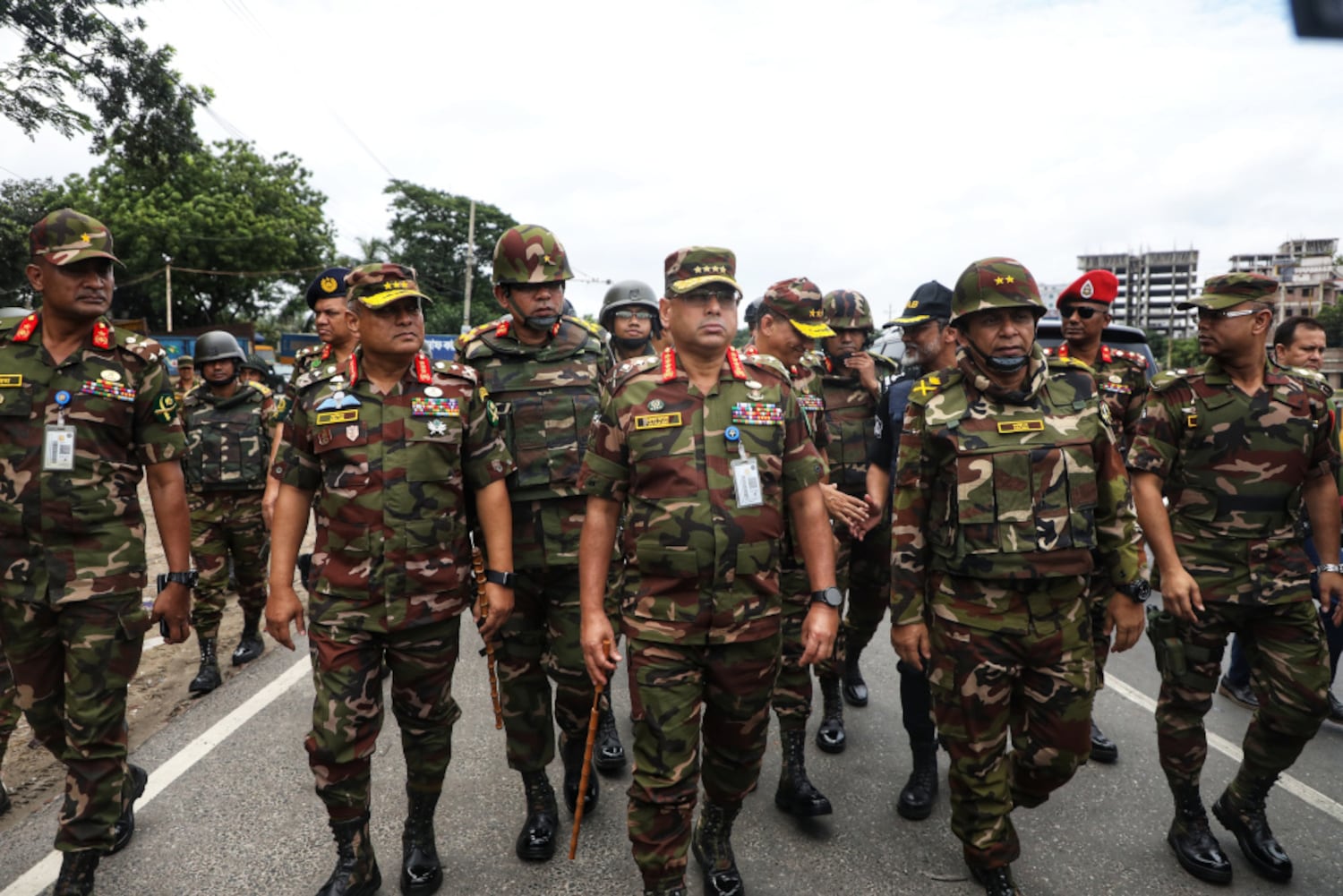 Bangladesh Army chief Gen. Waker-Uz-Zaman (front, third from left) inspects the Chattogram highway in Dhaka during the curfew, July 22, 2024. (Jibon Ahmed/BenarNews)