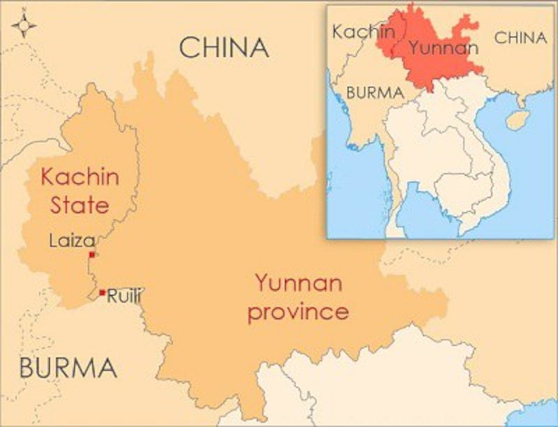Map of Laiza in Kachin, Burma and Ruili in Yunnan, China