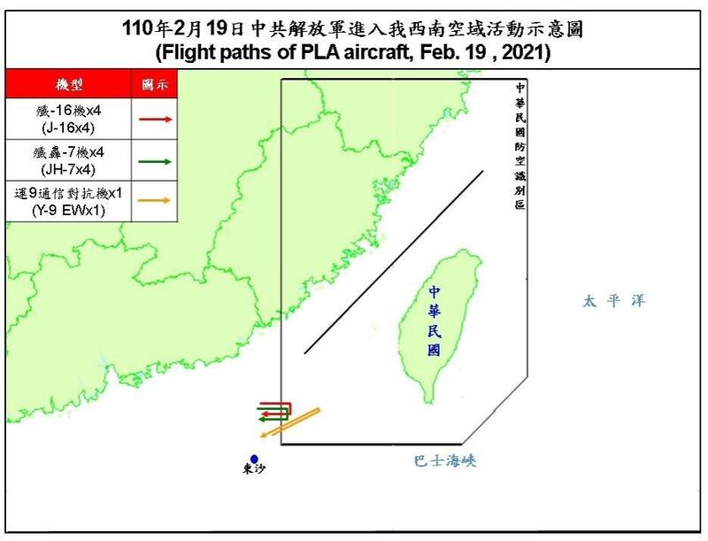 国防部发布共机动态,9架共机19日侵扰台湾西南防空识别区,是本月以来扰台最大规模。(台湾国防部网页)