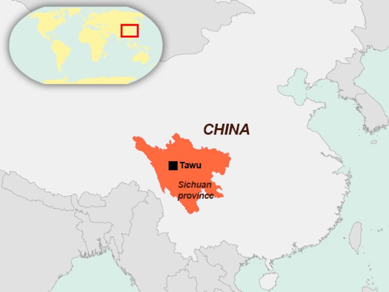 RFA map showing Tawu county in Sichuan province.