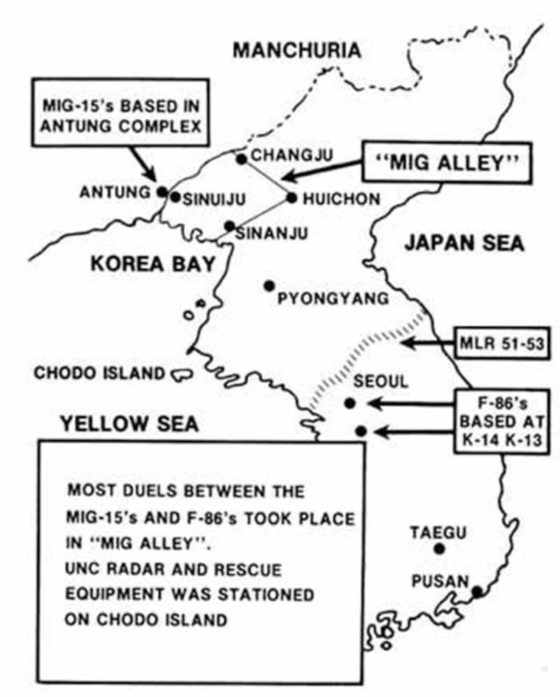 “米格走廊”示意图。(MIG ALLEY=米格走廊,ANTUNG=安东,SINUIJU=新义州,来自维基百科)