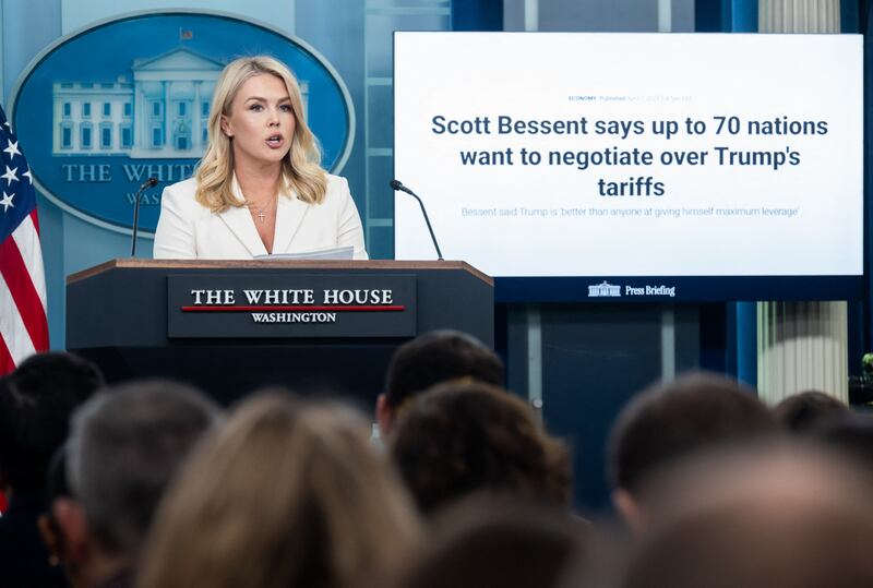 White House Press Secretary Karoline Leavitt discusses the Trump administration's tariffs in Washington, DC, on April 8, 2025.