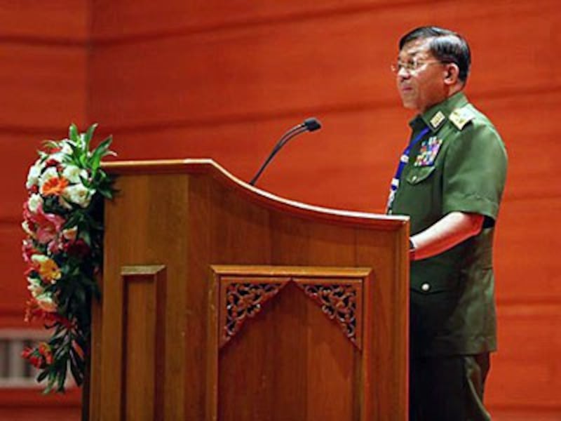 Senior General Min Aung Hlaing, commander-in-chief of Myanmar's armed forces, gives a speech during the opening ceremony of the second session of the 21st Century Panglong Conference in Naypyidaw, May 24, 2017.