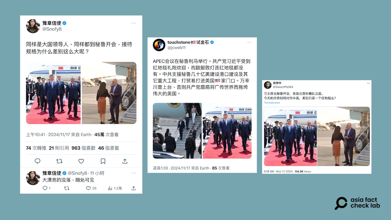 Gli utenti online cinesi hanno affermato che Xi ha ricevuto un'accoglienza più formale rispetto a Biden al loro rispettivo arrivo in Perù.