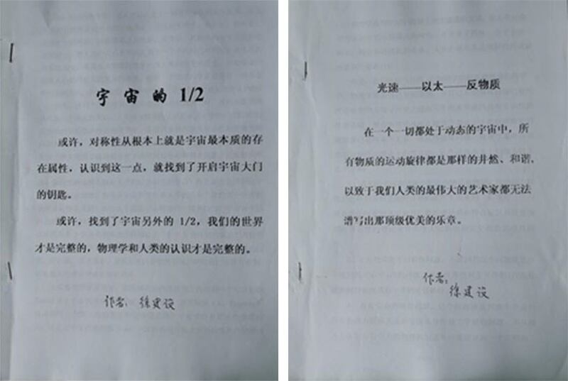 左图：徐建设物理学论文之一：宇宙的1/2。右图：徐建设物理学论文之二：光速-以太-反物质。