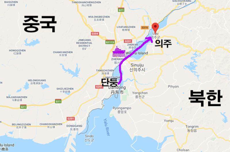 중국에서 북한으로 지프차를 배로 실어 밀수한 경로.