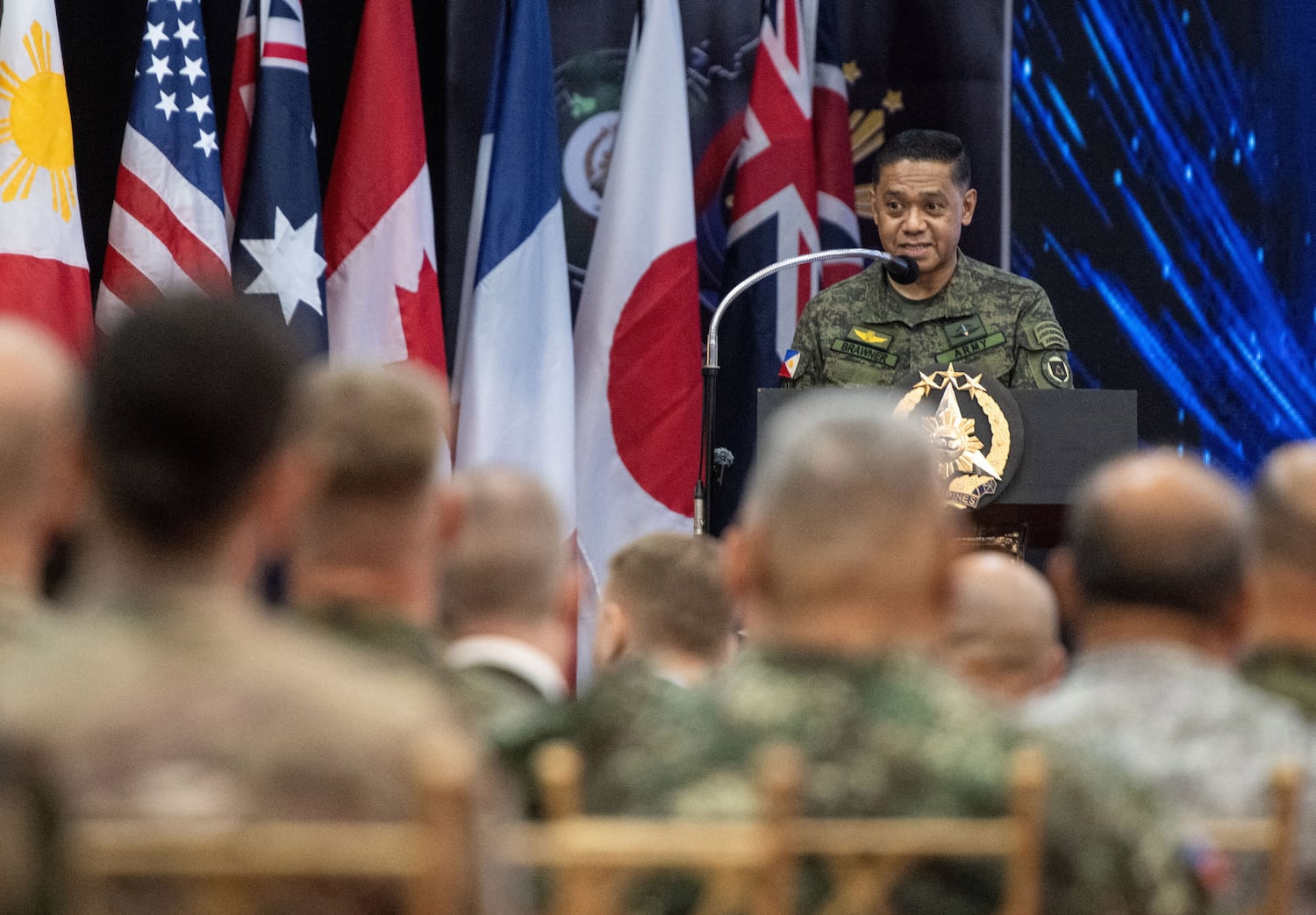 Armed Forces of the Philippines Chief of Staff Romeo Brawner Jr. speaks during the opening ceremony of the U.S.-Philippines 