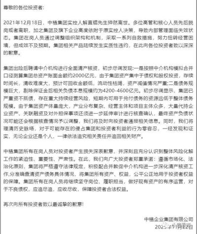 中植集團於11月22日發給投資者公開信，承認嚴重資不抵債，負債總額驚人。（網絡圖片）