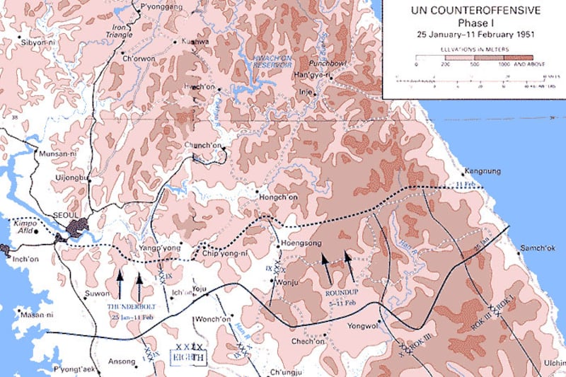 联合国军在1951年1月25日—2月11日间的攻势。(Chipyong-ni=砥平里,Hoengsong=横城,Suwon=水原,Seoul=首尔;来自“美国陆军历史中心”网站)