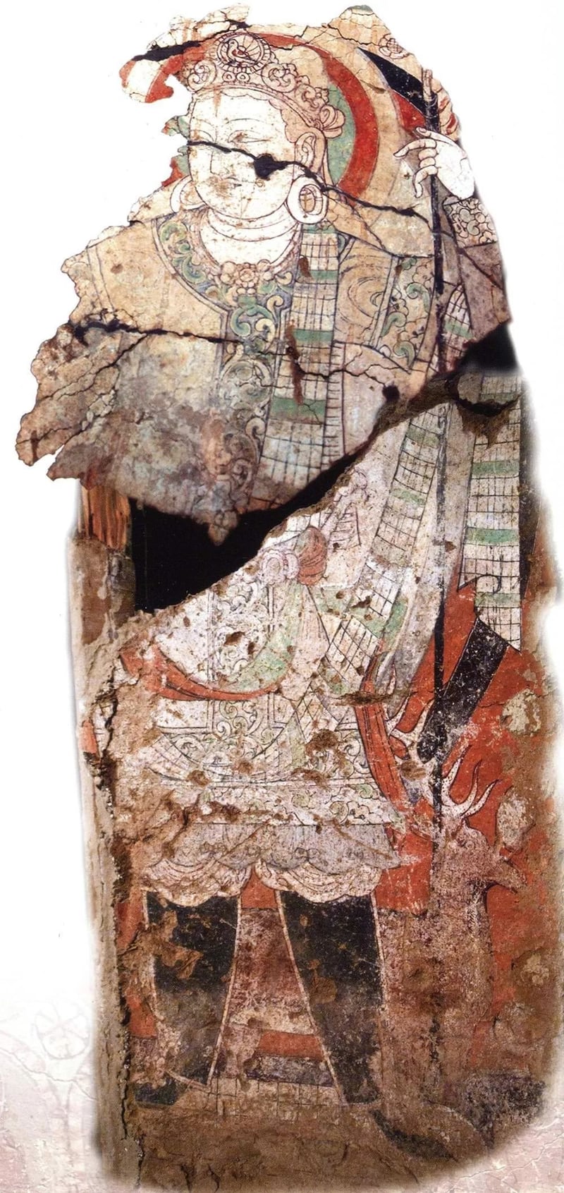 خوتەن ۋىلايىتى چىرا ناھىيەسى توپلۇق يېزىسىدىكى بۇددا دىنى ئىبادەتخانا خارابىسىنىڭ تېمىغا سىزىلغان رەسىم. خوتەن