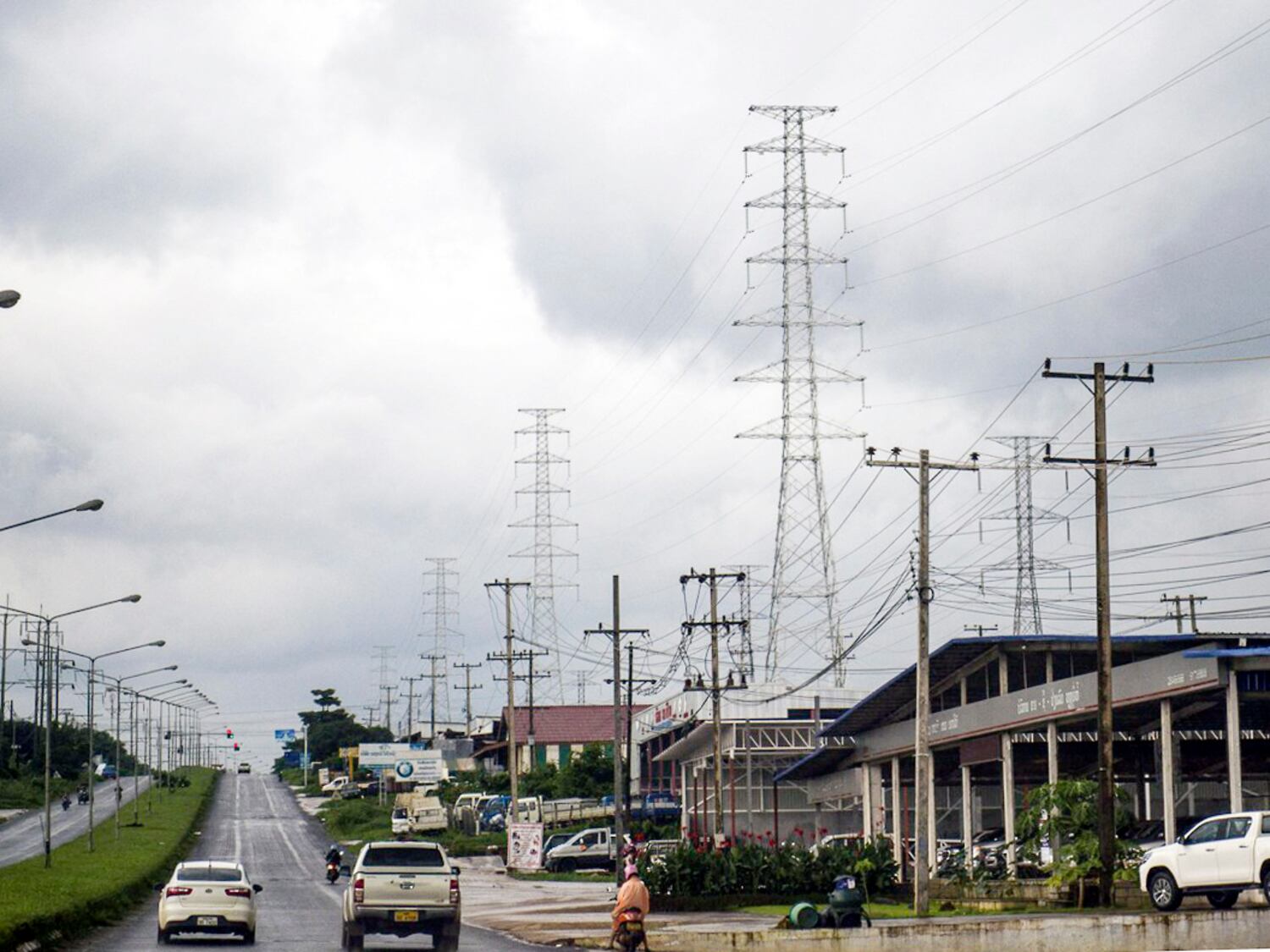 Power distribution lines originating from a hydro power plant that runs through Pak Se district, Champassak province, Laos, July 25, 2018.
