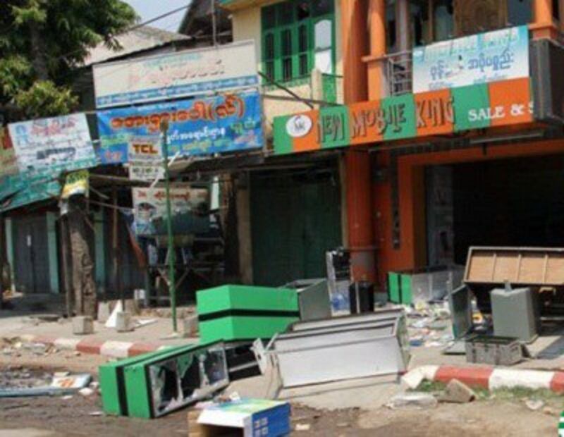 Looted shops on a street in Meikhtila, March 22, 2013. Photo credit: RFA. 
