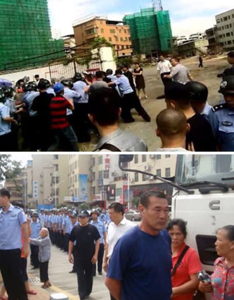 7月25日，韶關市武江區津頭嶺村民與十多名施工人員僵持對峙之際，二百警員到場鎮壓，推開阻工的村民並暴打。（村民提供） 