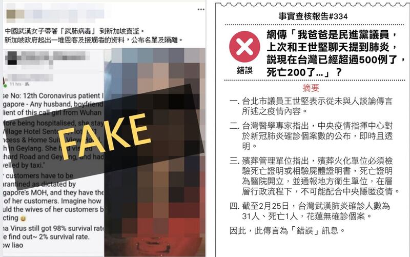 台湾事实查核中心公布破解的武汉肺炎相关假讯息。（台湾事实查核中心官网）