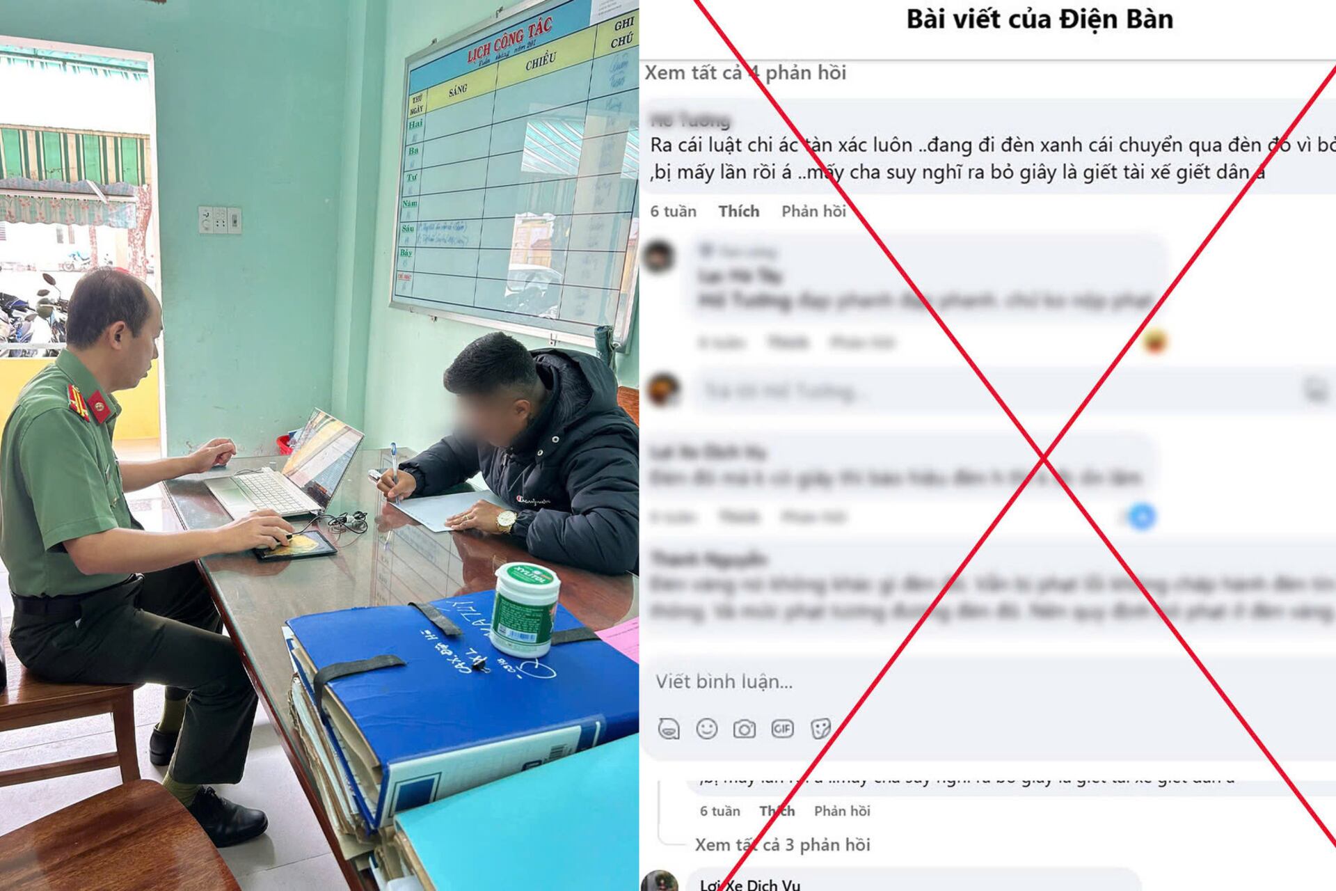 Ông N.H.S. tại trụ sở công an và phần bình luận của ông trên Facebook bị gạch đỏ trên trang tin của tỉnh Quảng Nam
