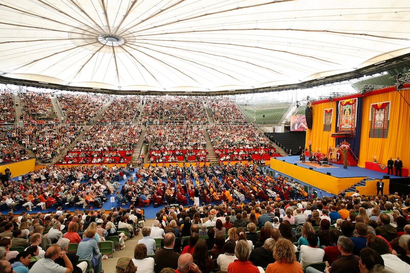 The Dalai Lama gives a lecture at the Rothenbaum tennis stadium in Hamburg July 21, 2007.