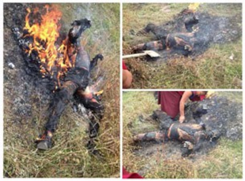 图片：桑杰嘉措于10月6日在甘肃省甘南州合作市自焚现场。（境内受访人提供）