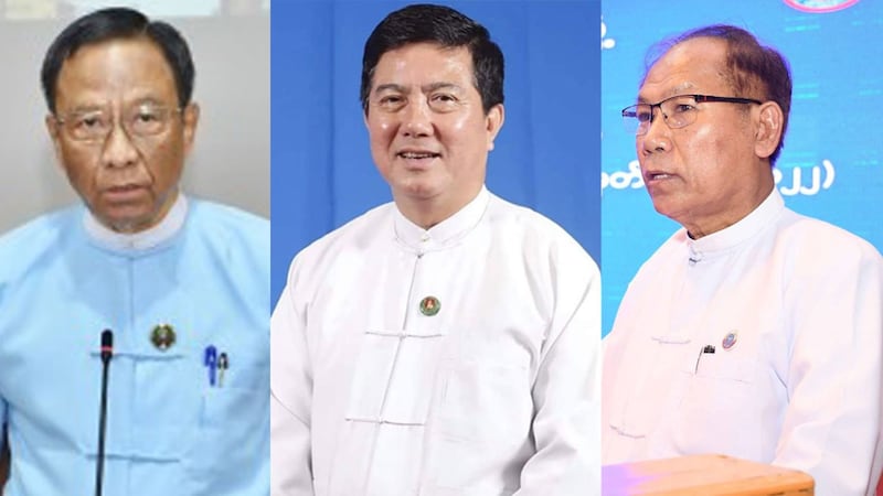 ရာထူးမှ အနားပေးခံရသည့် အဂတိလိုက်စားမှု တိုက်ဖျက်ရေးကော်မရှင် ဥက္ကဋ္ဌဒေါက်တာဌေးအောင်၊ အလုပ်သမားဝန်ကြီး ဒေါက်တာပွင့်ဆန်းနှင့် စစ်ကောင်စီအဖွဲ့ဝင် ဒေါက်တာအောင်ကျော်မင်း (ဝဲမှ ယာ) တို့အား တွေ့ရစဉ်။ (Photo: Myanmar Digital News)