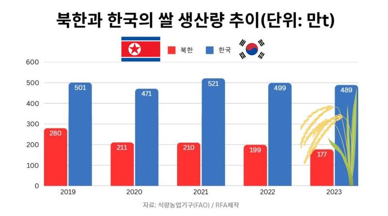 유엔 식량농업기구에 따르면 2023년 북한의 쌀 생산량은 177만 톤으로 한국(489만 톤)의 약 36%에 불과했다.