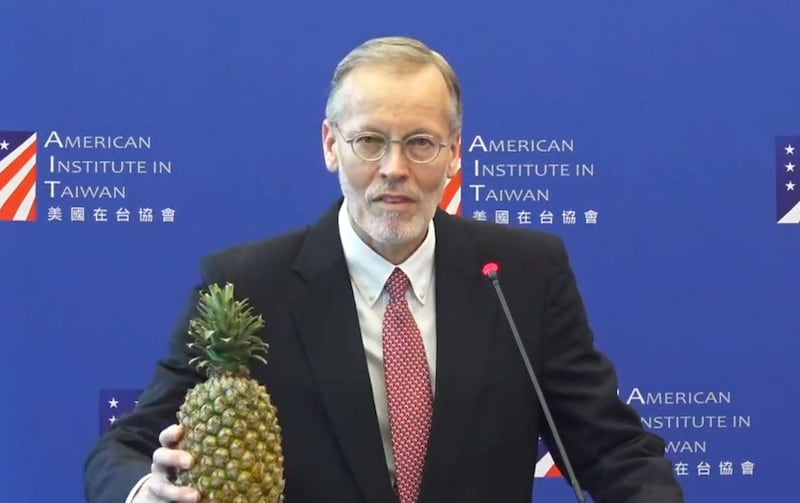 美国在台协会处长郦英杰26日透过视讯发表卸任演说,拿出凤梨支持台湾团结对抗霸凌。(AIT直播截图)