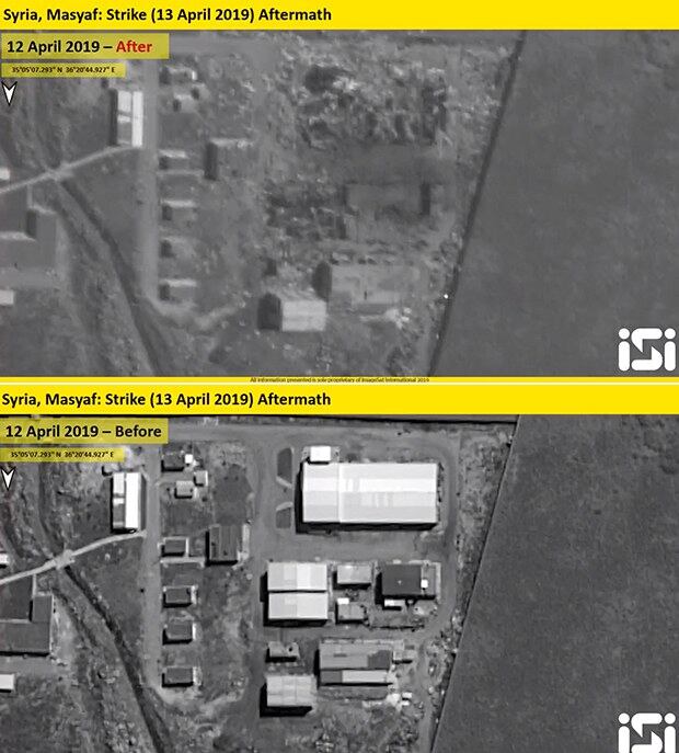 이스라엘의 위성영상업체인 ISI(ImageSat International)가 14일 공개한 시리아 중서부 지역인 마시아프(Masyaf) 소재 무기기지의 폭격 전후 위성사진을 살펴보면, 이번 공습으로 인해 미사일 시설을 포함해 3개의 인근 구조물이 파괴된 것으로 확인됐다(사진 위). 아래는 공습 전 사진. 