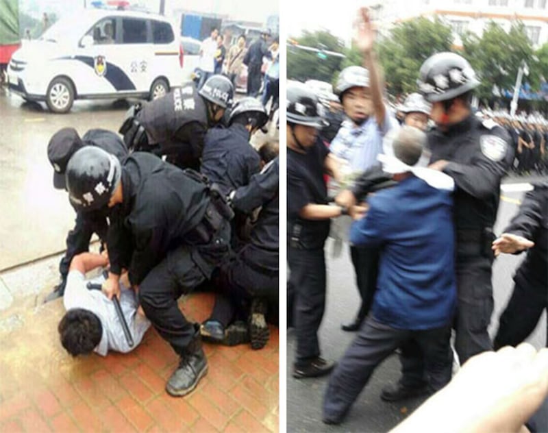 2015年5月23日，當局調集警察抓捕及毆打抗議的民眾。(當地民眾攝)