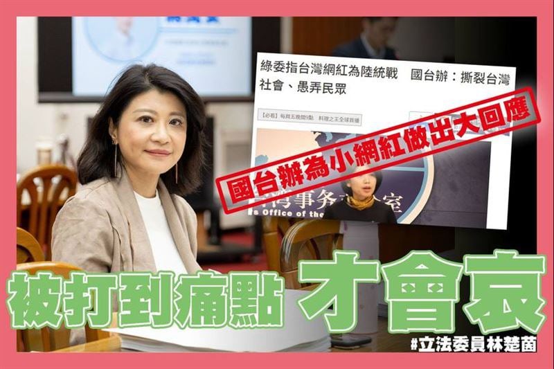 民进党立委林楚茵反呛国台办:被打到痛点才会「哀」。(林楚茵脸书)