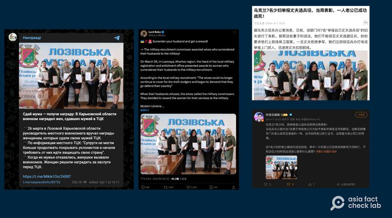 「烏克蘭少婦舉報丈夫獲表彰」的圖文謠言在各大媒體平台傳播。(圖取自X等平台)