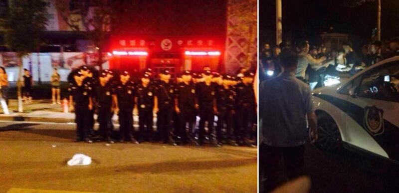 2014年8月23日,紹興市當局派出大批警察營救被員工扣押的NEW CLUB酒吧的老闆,期間向阻止警方行動的員工施以暴力。(員工攝)