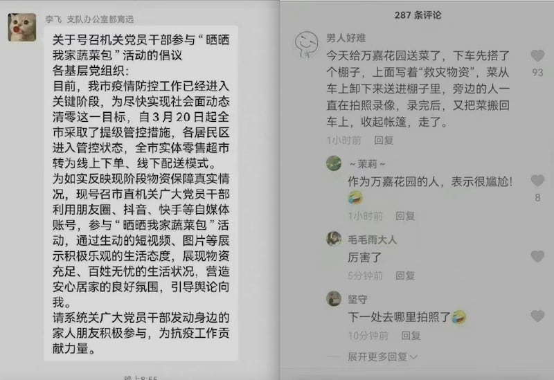 長春政府「號召黨員幹部參與『晒晒我家蔬菜包』活動」，但吉林網民直指官員把蔬菜拍了照片和錄像後，就把蔬菜搬回車上去另一區再拍。（網絡截圖）